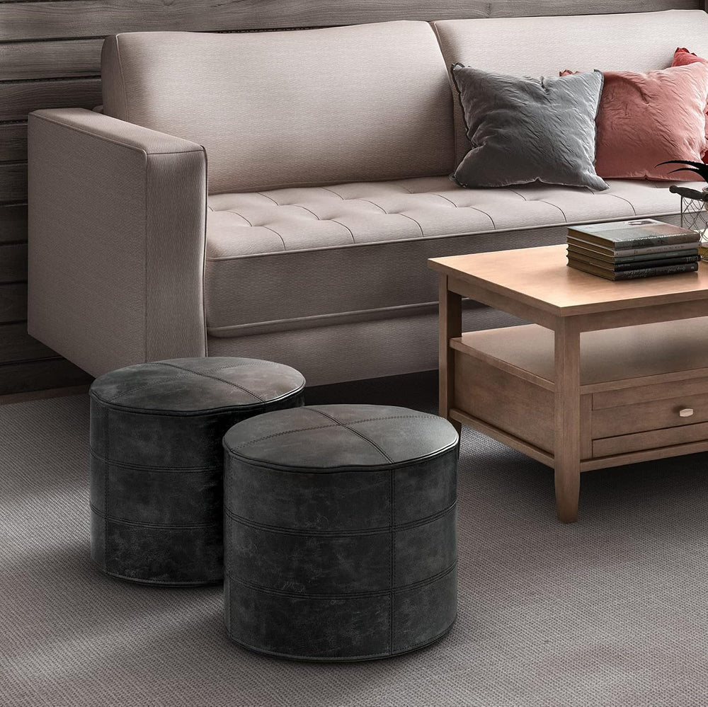 SIMPLIHOME Connor 18" Wide Round Pouf in Distressed Black Genuine Leather