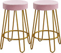 Yaheetech Bar Stools Set of 2, Velvet Round Counter Stools, Backless Counter Height Bar Chairs with Golden Legs for Kitchen Dining Room Pub Cafe, Pink