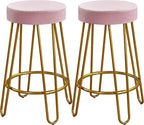 Yaheetech Bar Stools Set of 2, Velvet Round Counter Stools, Backless Counter Height Bar Chairs with Golden Legs for Kitchen Dining Room Pub Cafe, Pink