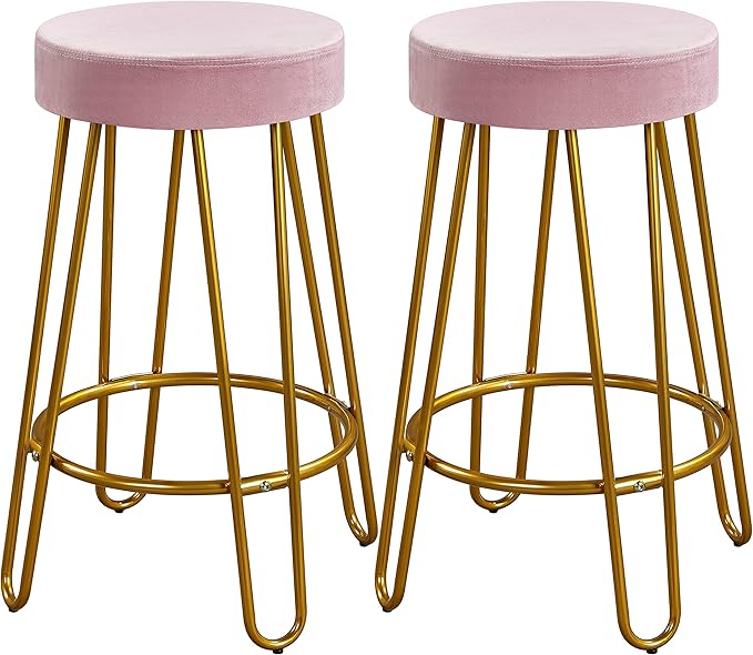 Yaheetech Bar Stools Set of 2, Velvet Round Counter Stools, Backless Counter Height Bar Chairs with Golden Legs for Kitchen Dining Room Pub Cafe, Pink