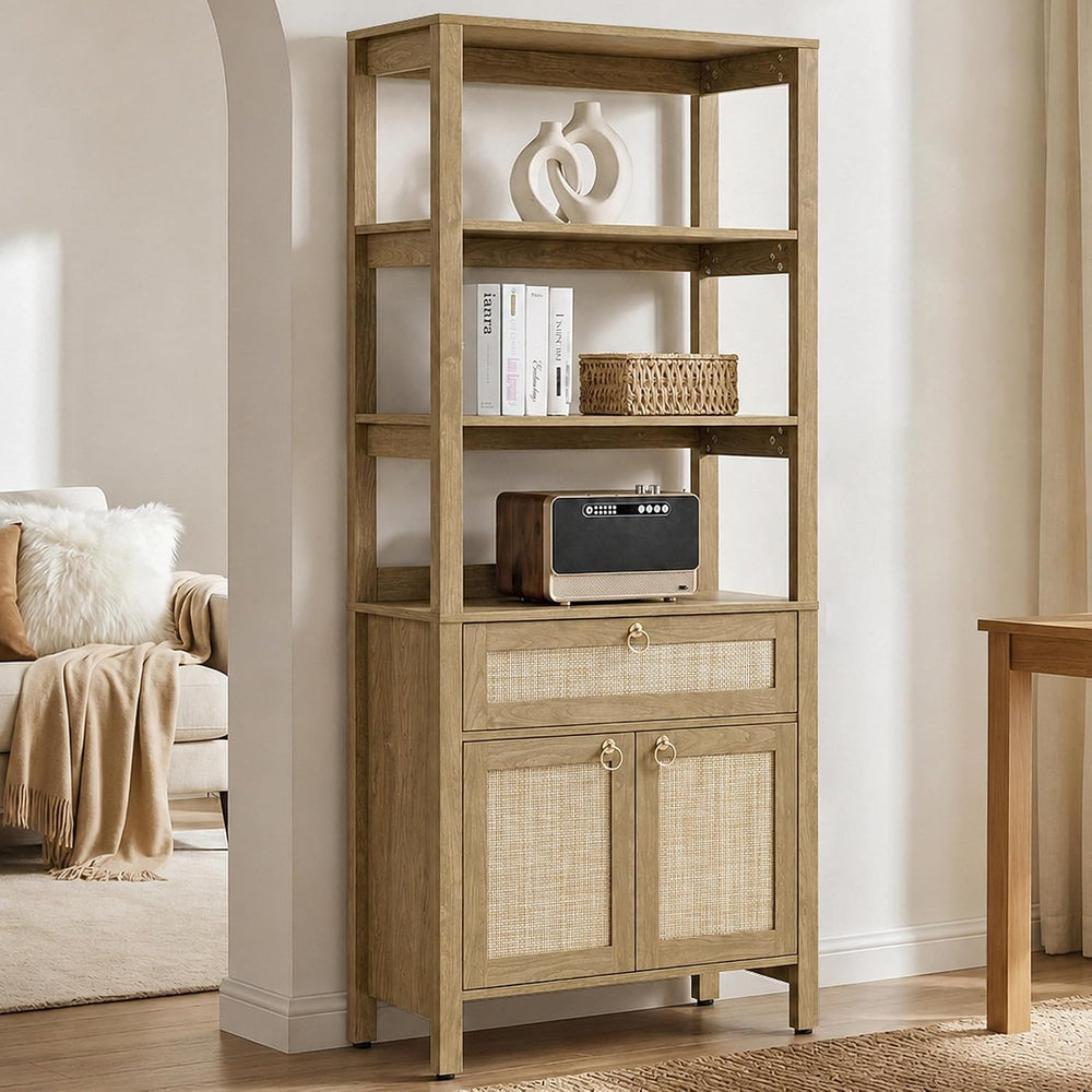 SICOTAS 68.5" Tall Boho Rattan Bookshelf with Single Drawer & Storag...