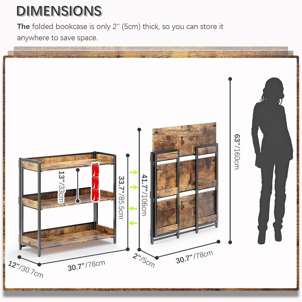 Wide 3 Tier No Assembly Folding Bookshelf Foldable Open Shelf, Rustic Brown