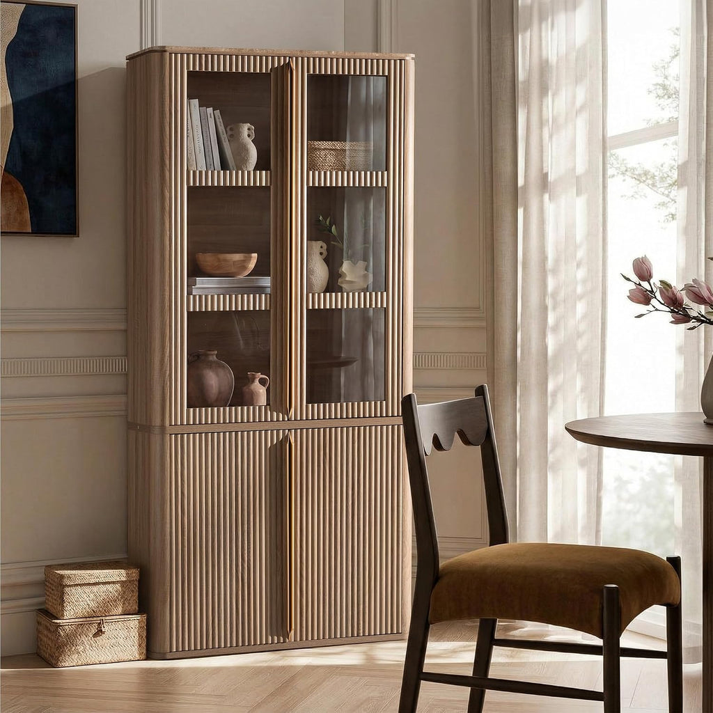 77" Tall Pantry Cabinets with Glass Doors, Fluted Storage Cabinet, Oak 2pcs | Wooden Kitchen Food Cupboard, Adjustable Shelves, Modern Display Storage Closet for Living Room, Dining Room, Office