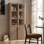 77" Tall Pantry Cabinets with Glass Doors, Fluted Storage Cabinet, Oak 2pcs | Wooden Kitchen Food Cupboard, Adjustable Shelves, Modern Display Storage Closet for Living Room, Dining Room, Office