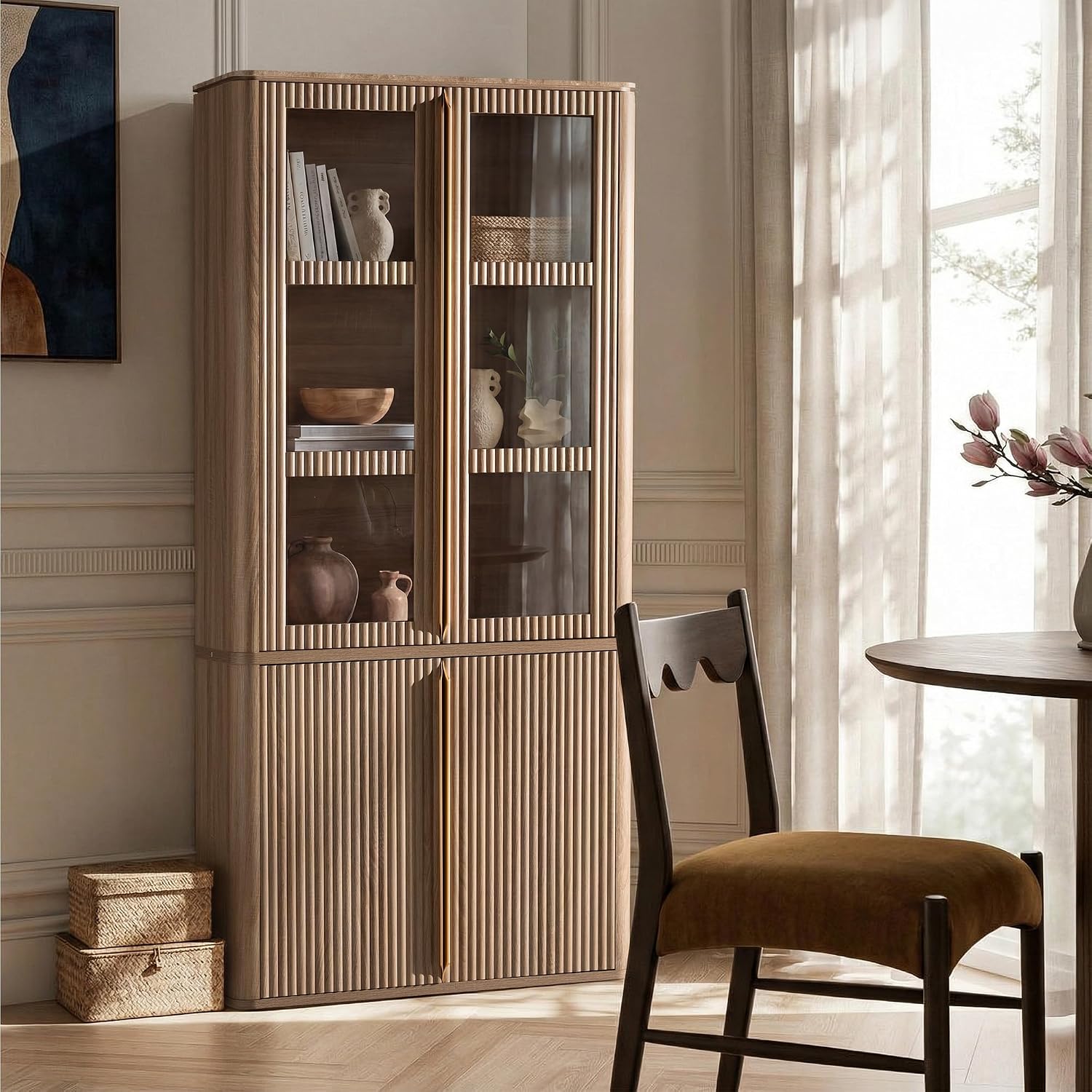 77" Tall Pantry Cabinets with Glass Doors, Fluted Storage Cabinet, Oak 2pcs | Wooden Kitchen Food Cupboard, Adjustable Shelves, Modern Display Storage Closet for Living Room, Dining Room, Office