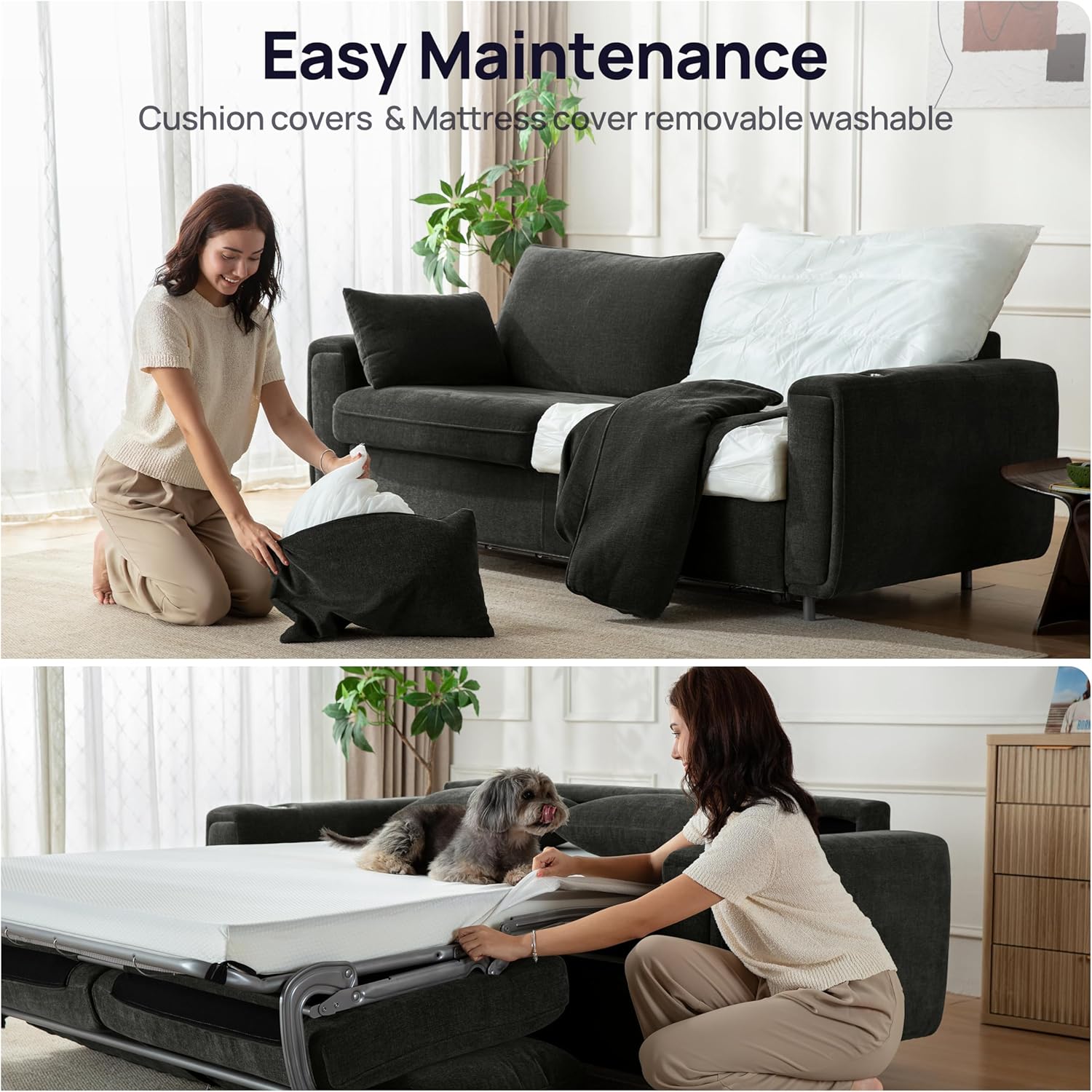 Pull Out Sofa Bed, No Cushion Removal, Queen Sleeper Sofa with USB Fast Charging, Memory Form Mattress, 2-in-1 Convertible Comfy Loveseat Couch Bed for RV, Apartment, and Small Spaces (Dark Grey)