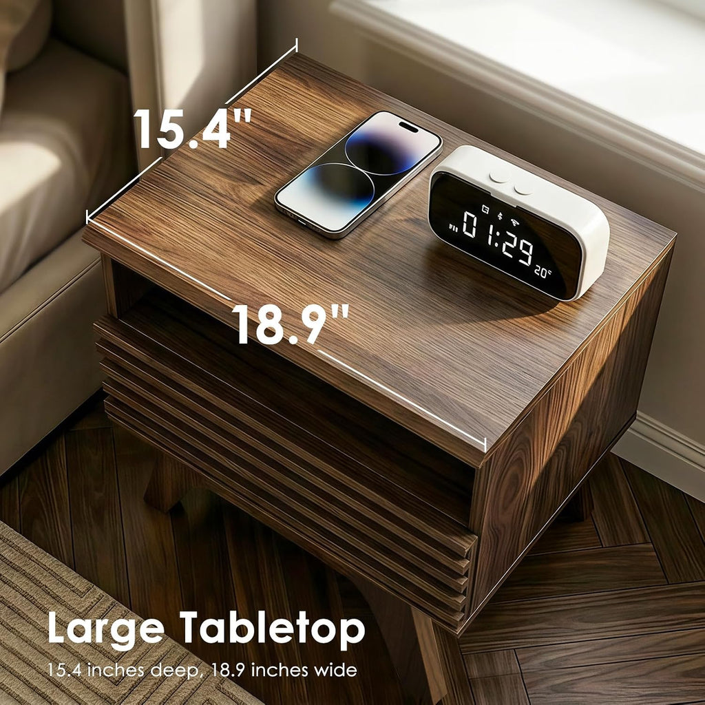 AODK 19 Inch Wide Fluted Nightstand Set of 2 with Drawer, Dark Walnut | Open Storage Shelf, Smooth Metal Slides, 4 Stable Legs, Mid Century Modern Style for Bedroom and Living Room