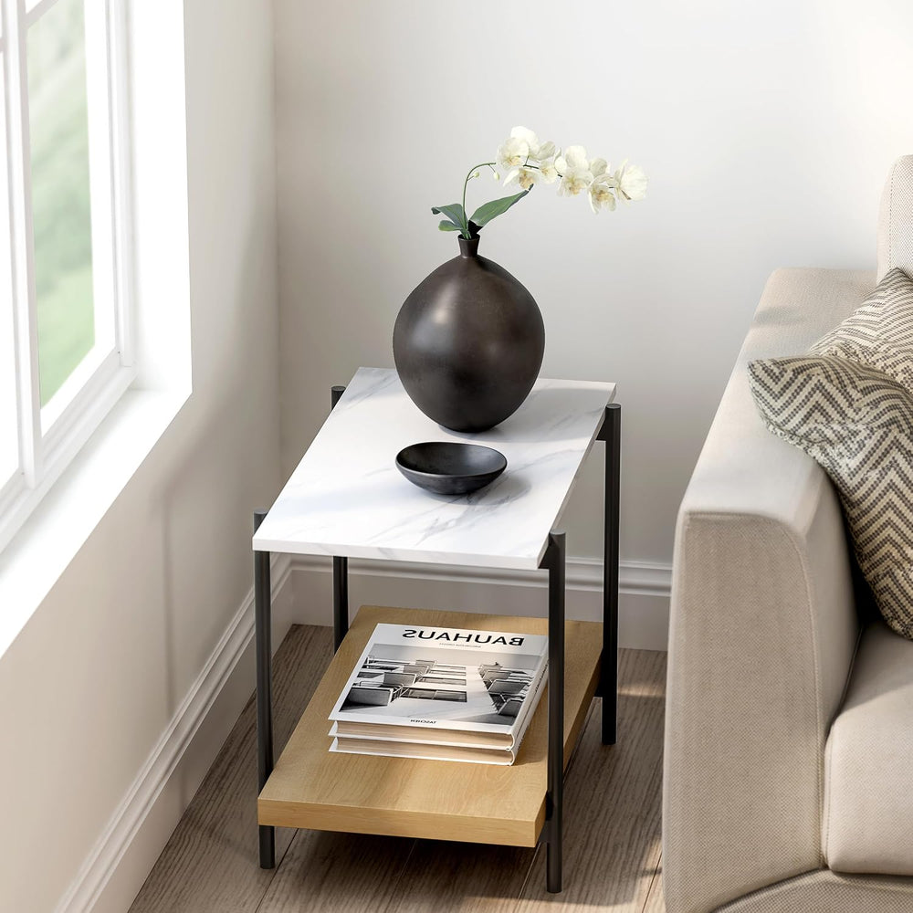 End Table with 2 Tier Wood Open Shelf, Rectangular Sofa Side Table with Metal...