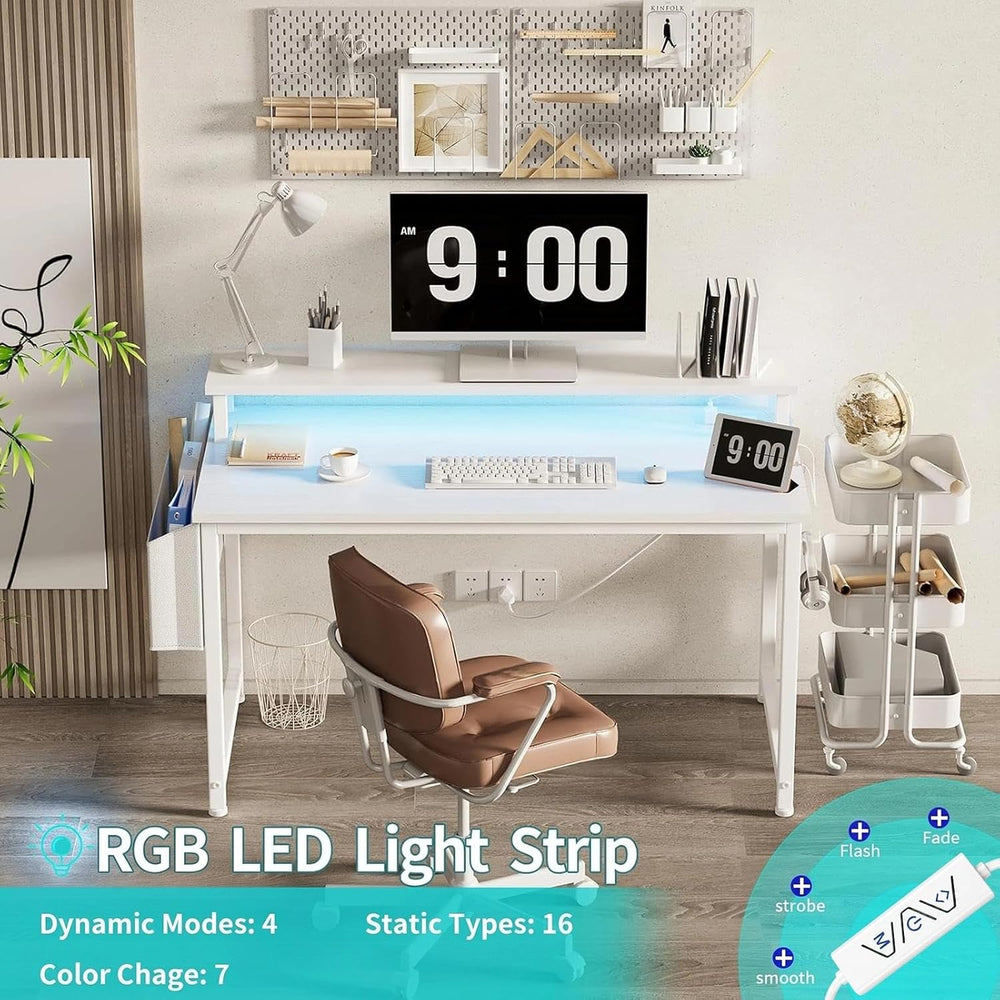 Lufeiya White Computer Desk with LED Lights and Power Outlets, 40 Inch Home O...