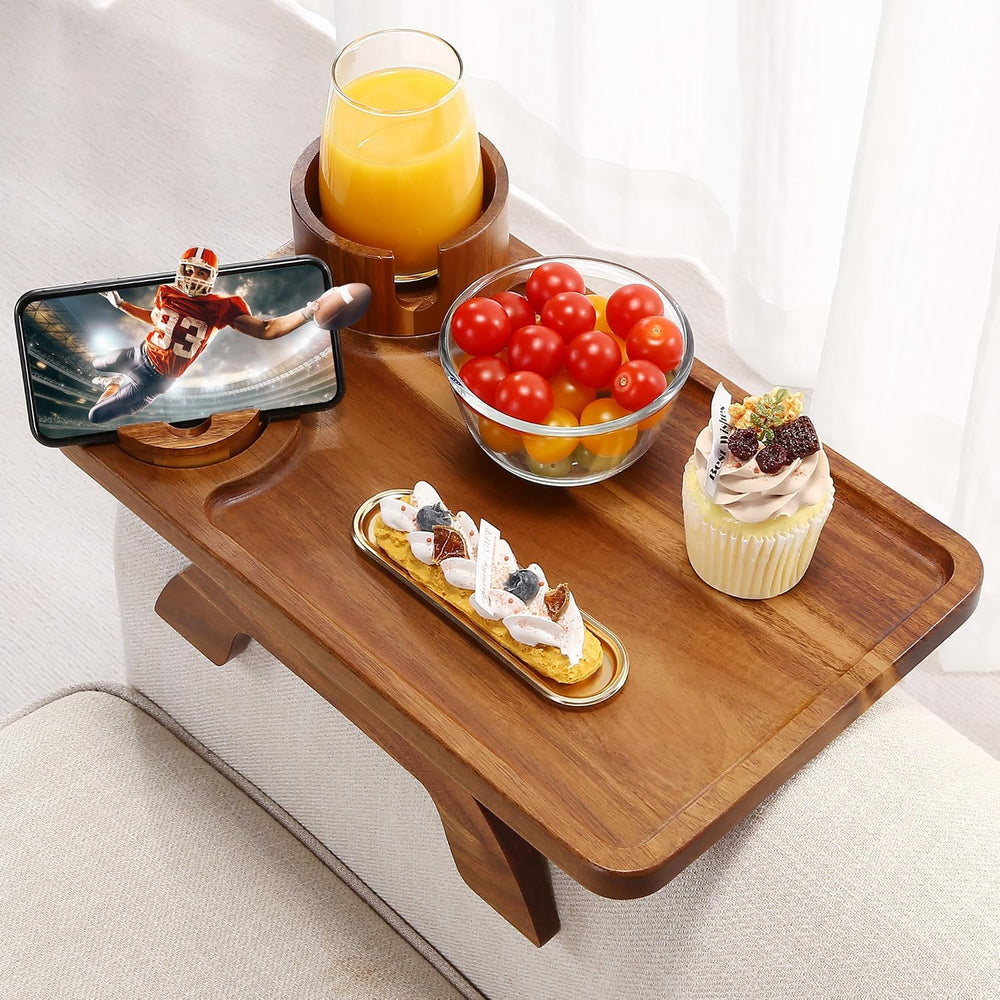 Couch Armrest Table Acacia with 360°Rotating Phone & Cup Holders,15.4&quo...