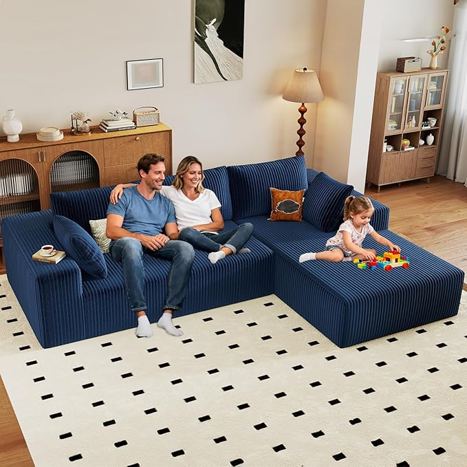 96" Modular Sectional Couch, Boneless L Shaped Cloud Sofa with Chaise Lounge, Corduroy Upholstered Couches Memory Foam Deep Seat, No Assembly Required, Ideal for Living Room(Blue, Right Facing)