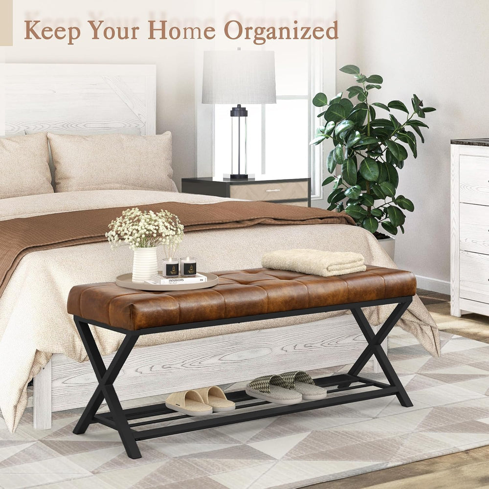 LUE BONA 44.5” End of Bed Bench with Shelf, Linen Tufted Upholstered Storage ...