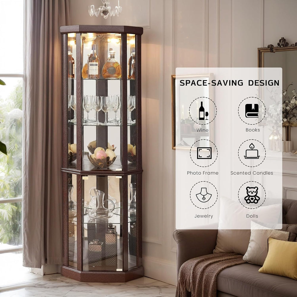70" H Lighted Corner Curio Cabinet, Glass Display Cage with Tempered Gla...