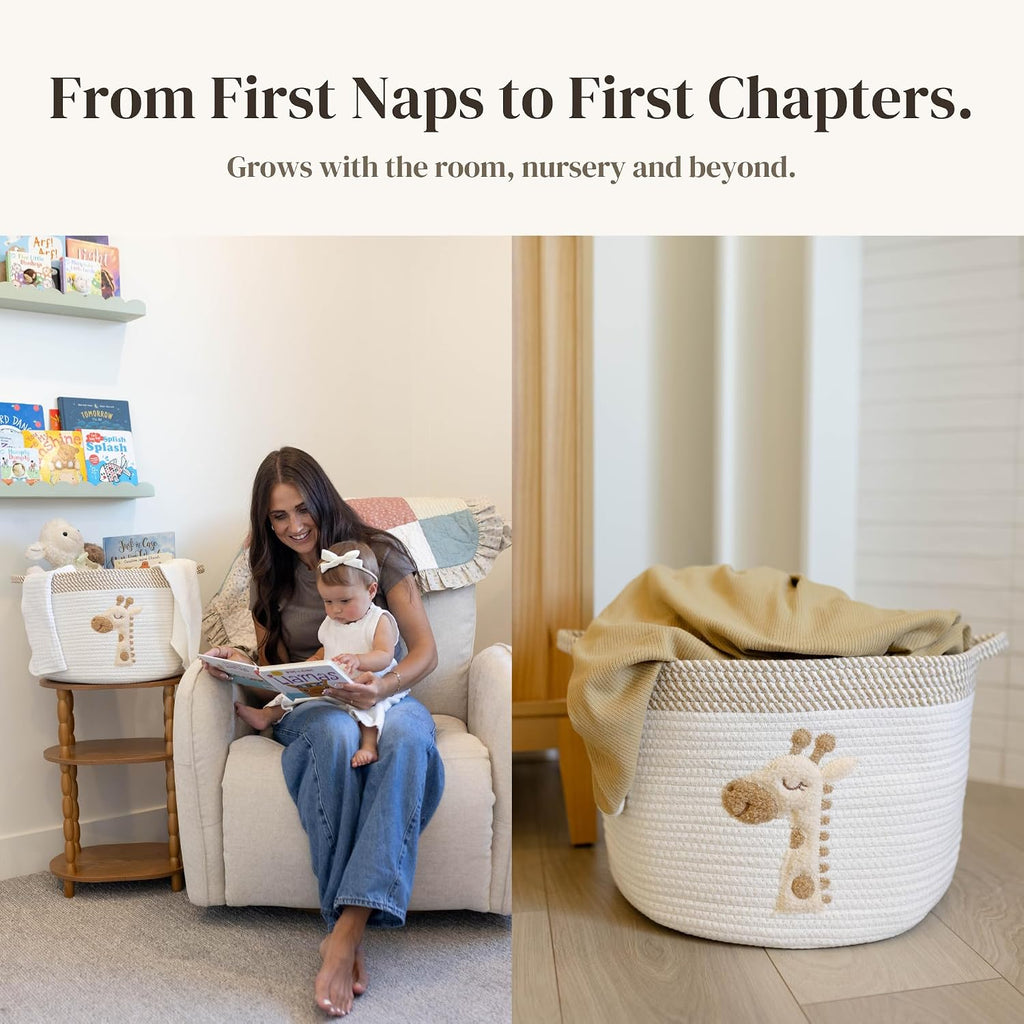 Giraffe Baby Storage Basket, Woven Cotton Rope Nursery Bin, 15x11 in | Stuffed Animal and Blanket Storage, Soft Felt Giraffe Patch, Safari Nursery Decor, Baby Shower, Kids Playroom Organizer