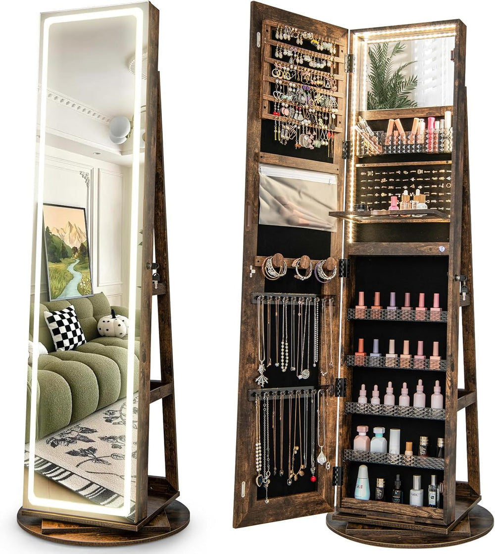 CHARMAID 360° Swivel Jewelry Armoire with LED Lighted Full Length Mirror