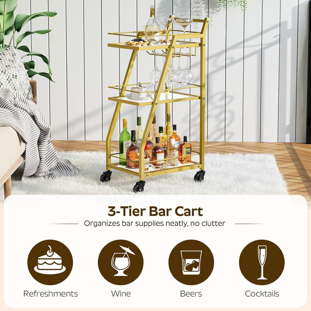 YATINEY Bar Cart, 3-Tier Home Bar Serving Cart with Wheels, Drink Cart with G...