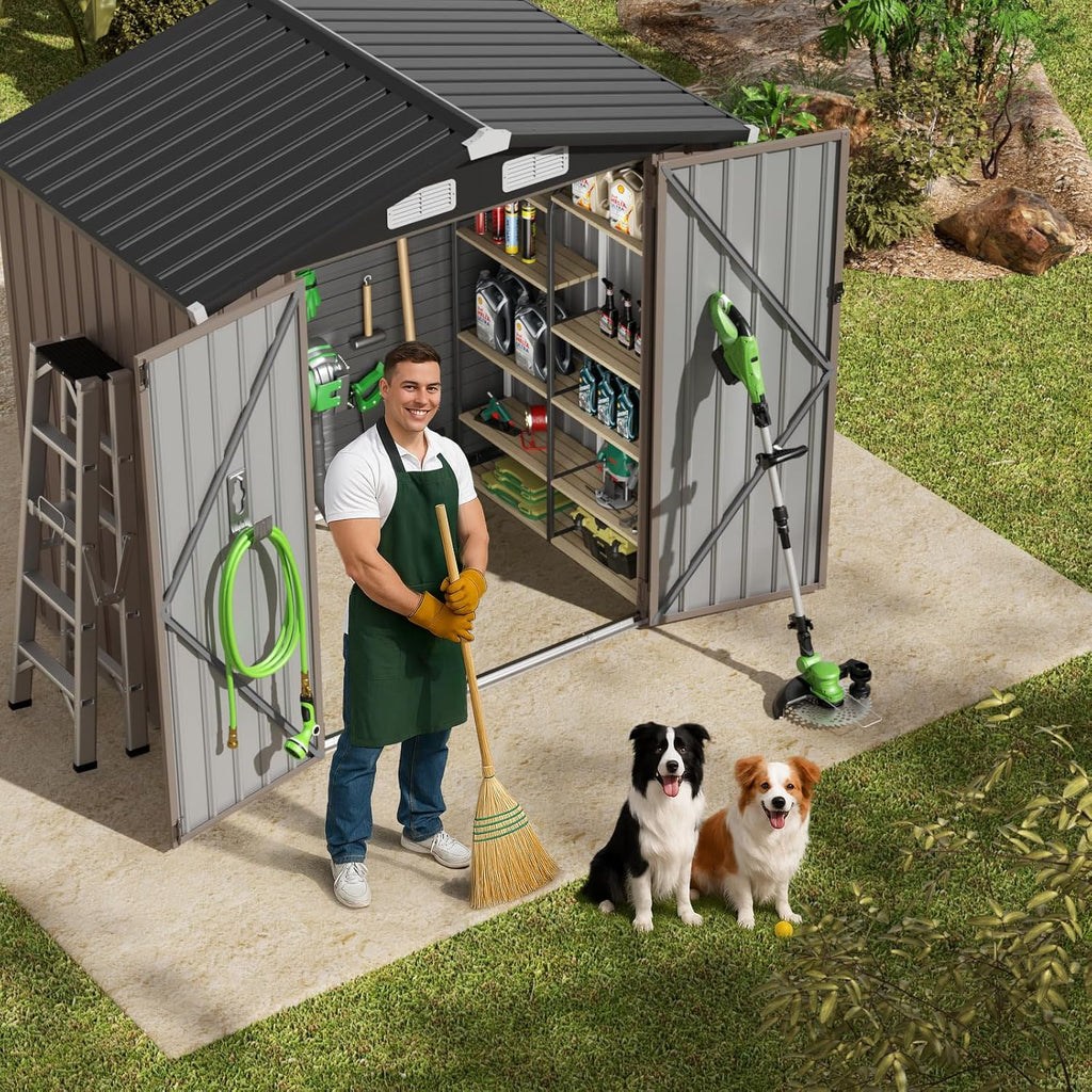 GVDV 6x4 FT Outdoor Metal Storage Shed with Floor, Durable Garden Shed with Updated Frame Structure for Backyard, Patio, Tool Storage, All-Weather Shelter for Bike, Gardening Tools, Equipment, Pet