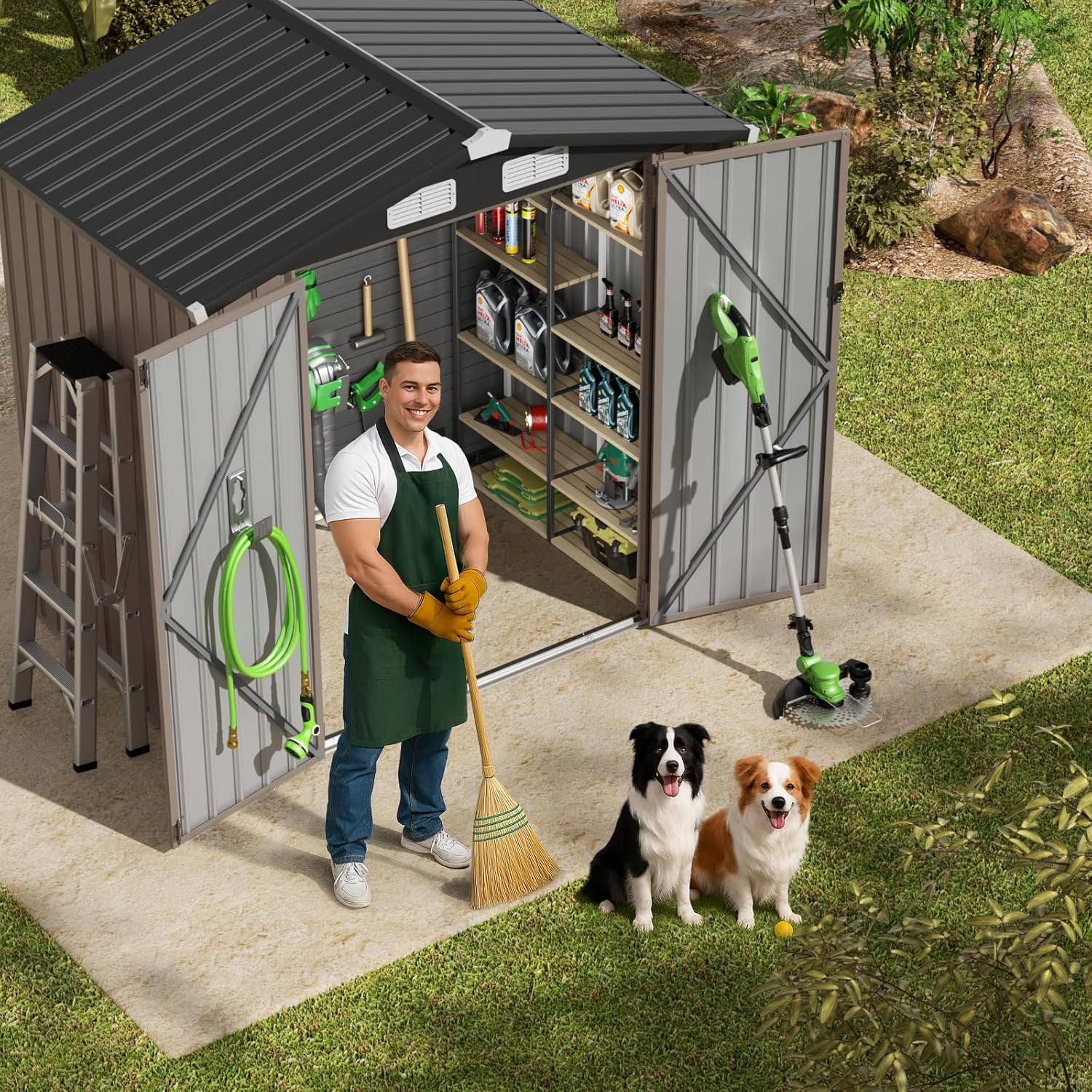 GVDV 6x4 FT Outdoor Metal Storage Shed with Floor, Durable Garden Shed with Updated Frame Structure for Backyard, Patio, Tool Storage, All-Weather Shelter for Bike, Gardening Tools, Equipment, Pet