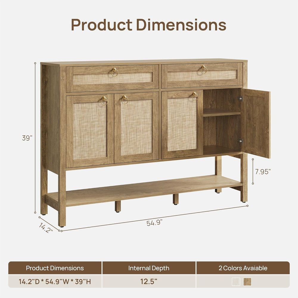SICOTAS Rattan Sideboard Buffet Cabinet with Open Storage - Large Farmhouse C...