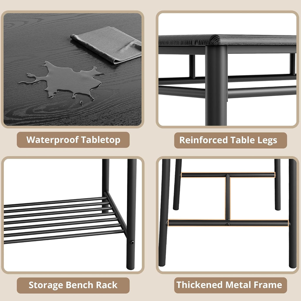 IRONCK Dining Table Set for 4, Kitchen Table and Chairs Set, Black | Kitchen Table with Upholstered Bench and 2 Chairs for Small Space, Apartment