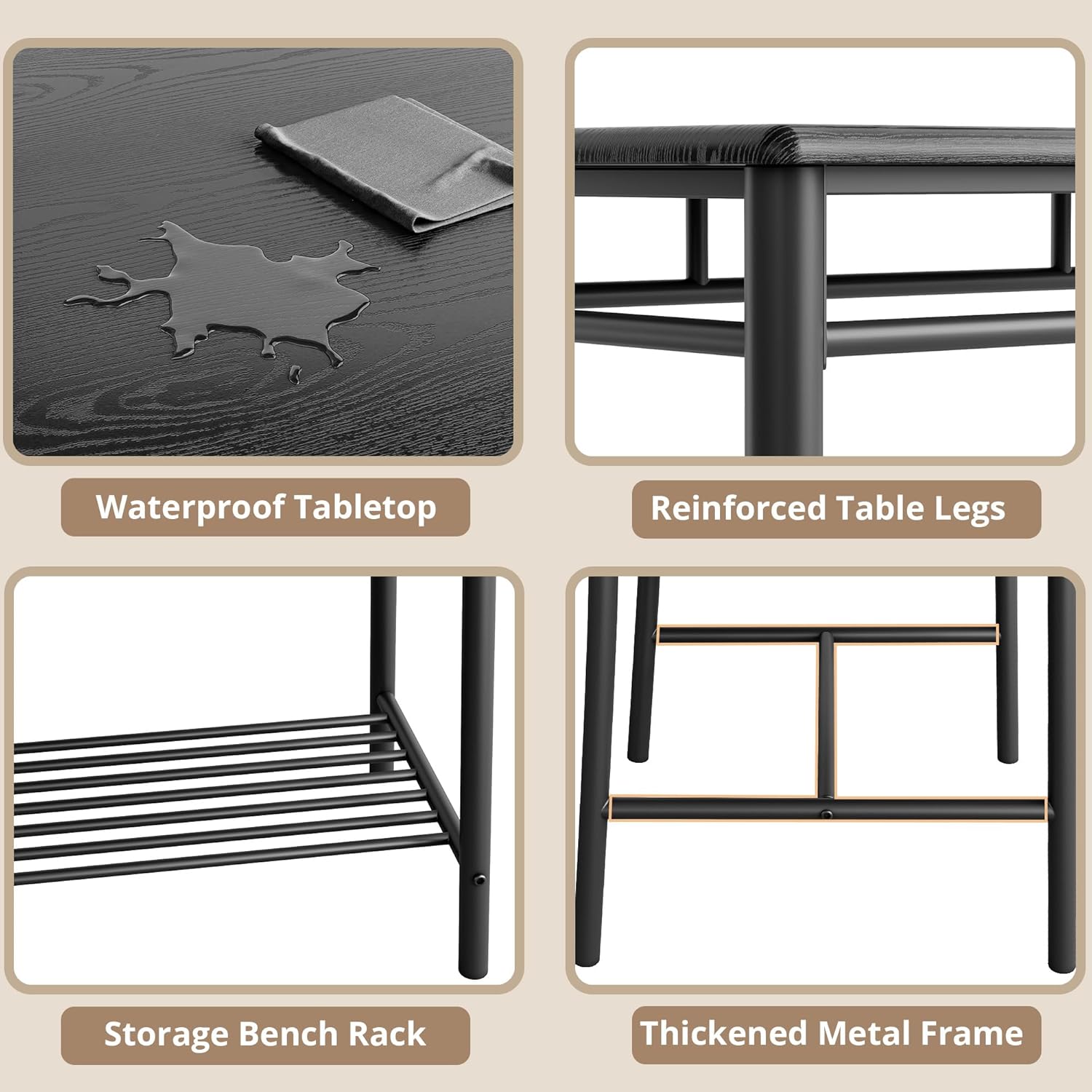 IRONCK Dining Table Set for 4, Kitchen Table and Chairs Set, Black | Kitchen Table with Upholstered Bench and 2 Chairs for Small Space, Apartment