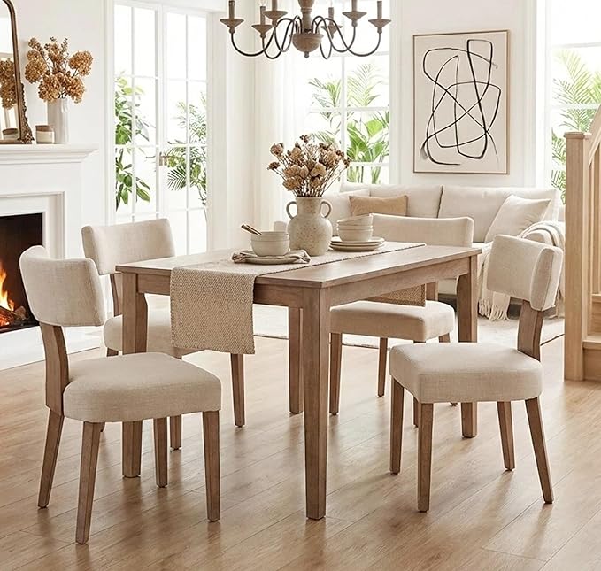 Mid Century Modern Dining Chairs Set of 2, Upholstered Wooden Dining Room Chairs, Farmhouse Kitchen Chairs, Accent Armless Side Chairs with Curved Back for Living Room, Beige Linen, 2PCS