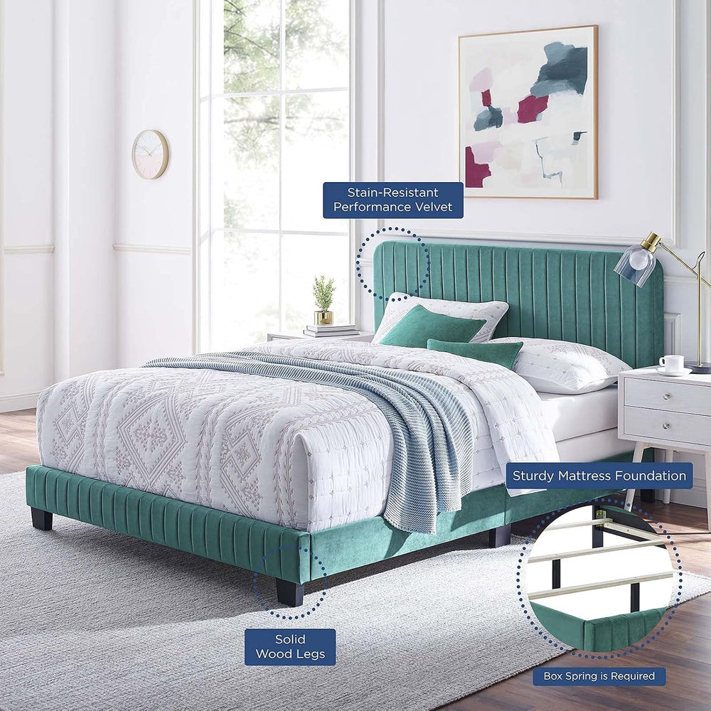 Tufted Platform Bed Frame, King Size, Velvet, Teal Blue, Modern Contemporary,...