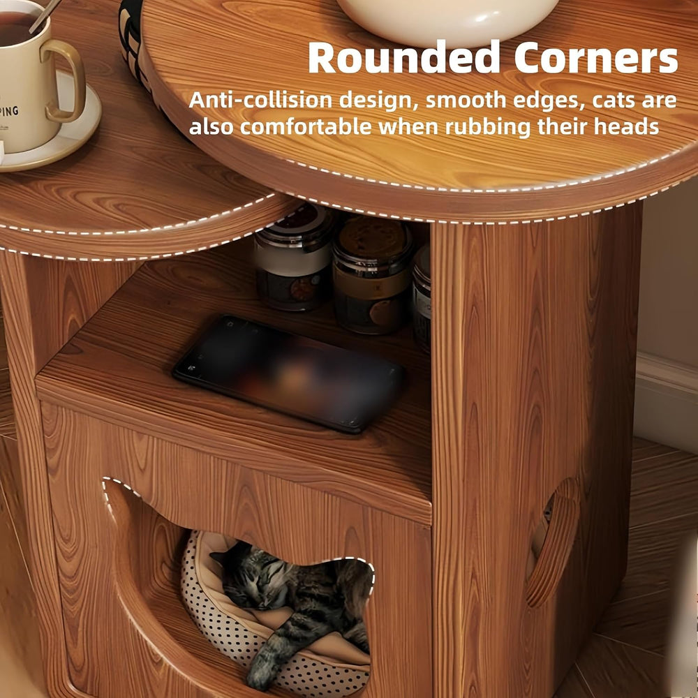 Cat Tree and End Tables, Cat Nightstand, Wooden Round Side Table wiht Cats Ho...