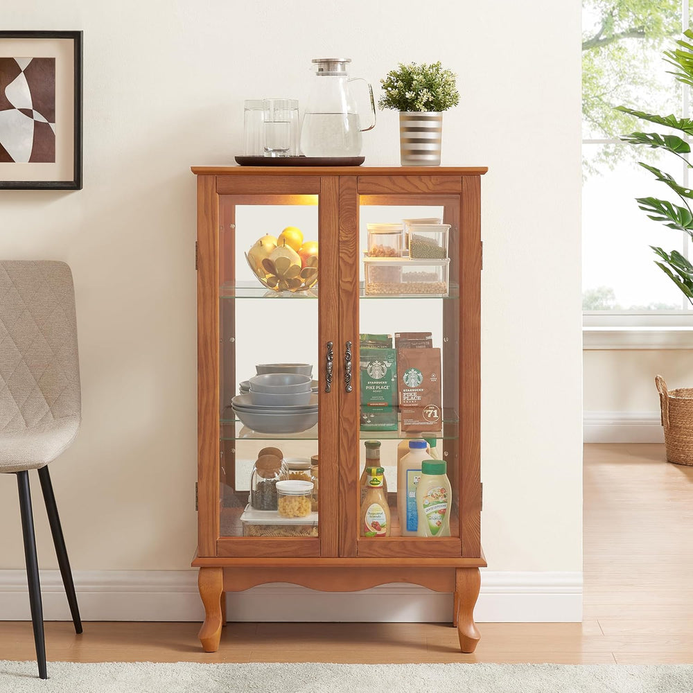 3-Tier Lighted Glass Display Curio Cabinet with 2 Tempered Glass Doors,Curio ...