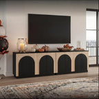 Yechen Fluted TV Stand with Arched Reeded Design Doors, Modern Entertainment Center with Storage for Up to 98 Inch, TV Media Console, TV Cabinet for Living Room, Bedroom/Black/Natural(2 PCS)