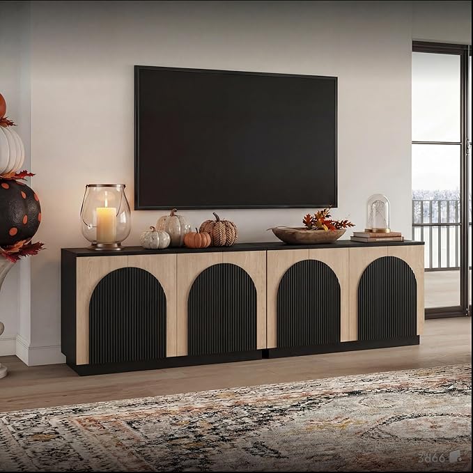 Yechen Fluted TV Stand with Arched Reeded Design Doors, Modern Entertainment Center with Storage for Up to 98 Inch, TV Media Console, TV Cabinet for Living Room, Bedroom/Black/Natural(2 PCS)