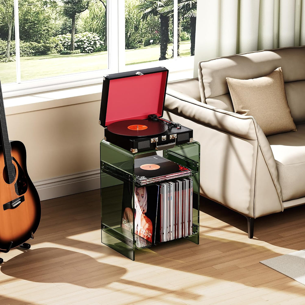 Acrylic Record Player Table with Storage Shelf, Clear Side Table Nightstand (...