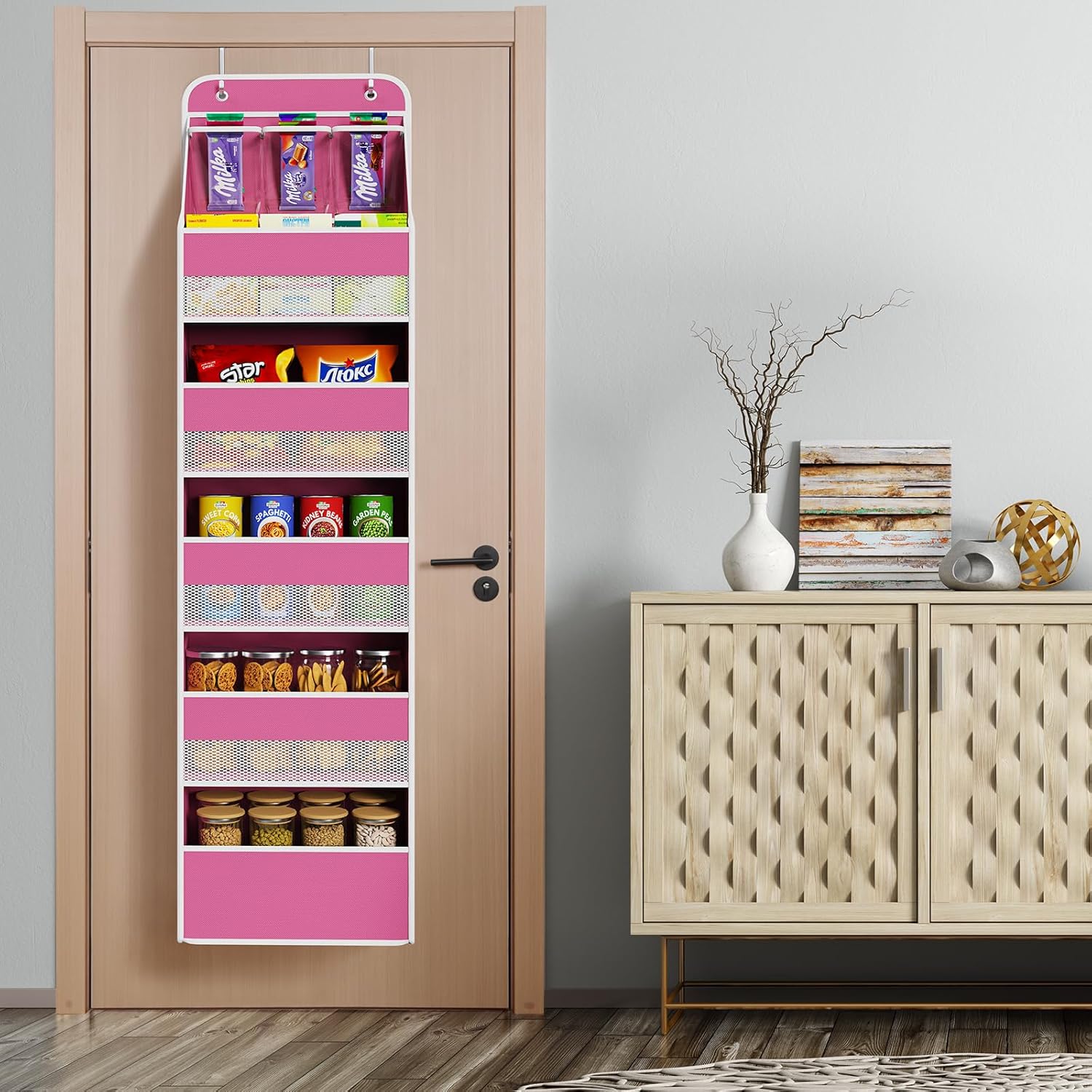 Univivi 6-Shelf Over Door Hanging Organizer Fabric Baby Door Storage with 5 Large Pockets and 3 Small PVC Pockets Wall Mount Hanging Storage Organizers for Baby Essential (Pink)