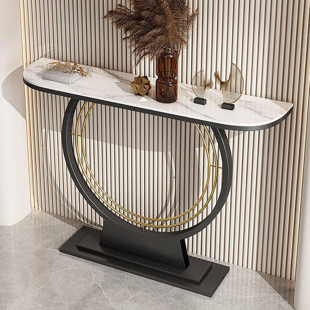 Console Sofa Table with Rock Panel, Contemporary Accent Table with Metal Fram...