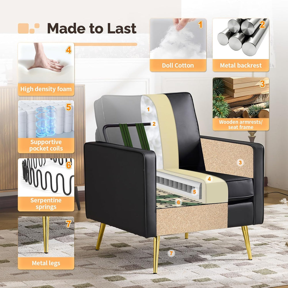 VINGLI Faux Leather Accent Chairs Set of 2 with Gold Legs for Living Room | B...
