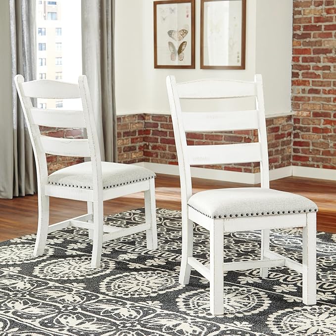 Signature Design by Ashley Valebeck Farmhouse Cushioned Dining Chair, 2 Count, Nailhead Trim, Fabric Upholstery, Solid Wood, 39" Seat Height, Whitewash
