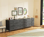 Huuger 70 Inch Dresser for Bedroom, TV Stand for 65, 75, 80 Inch TV,12 Fabric Drawer Long Dresser, Large Storage Organizer Unit, Chest of Drawer for Bedroom, Charcoal Black Wood Grain Print