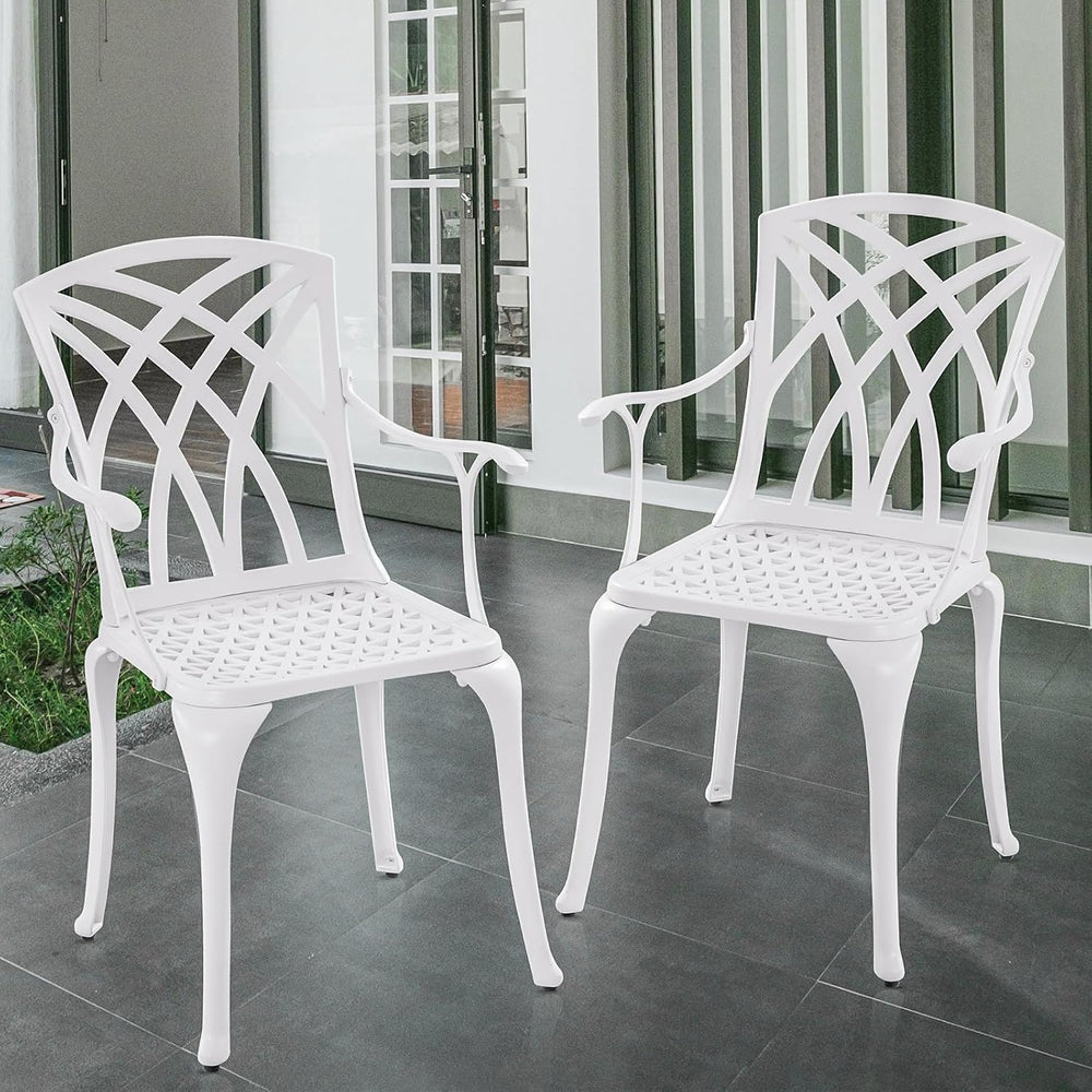 Modern White Cast Aluminum Outdoor Patio Dining Chairs, Set of 2, Ergonomic A...