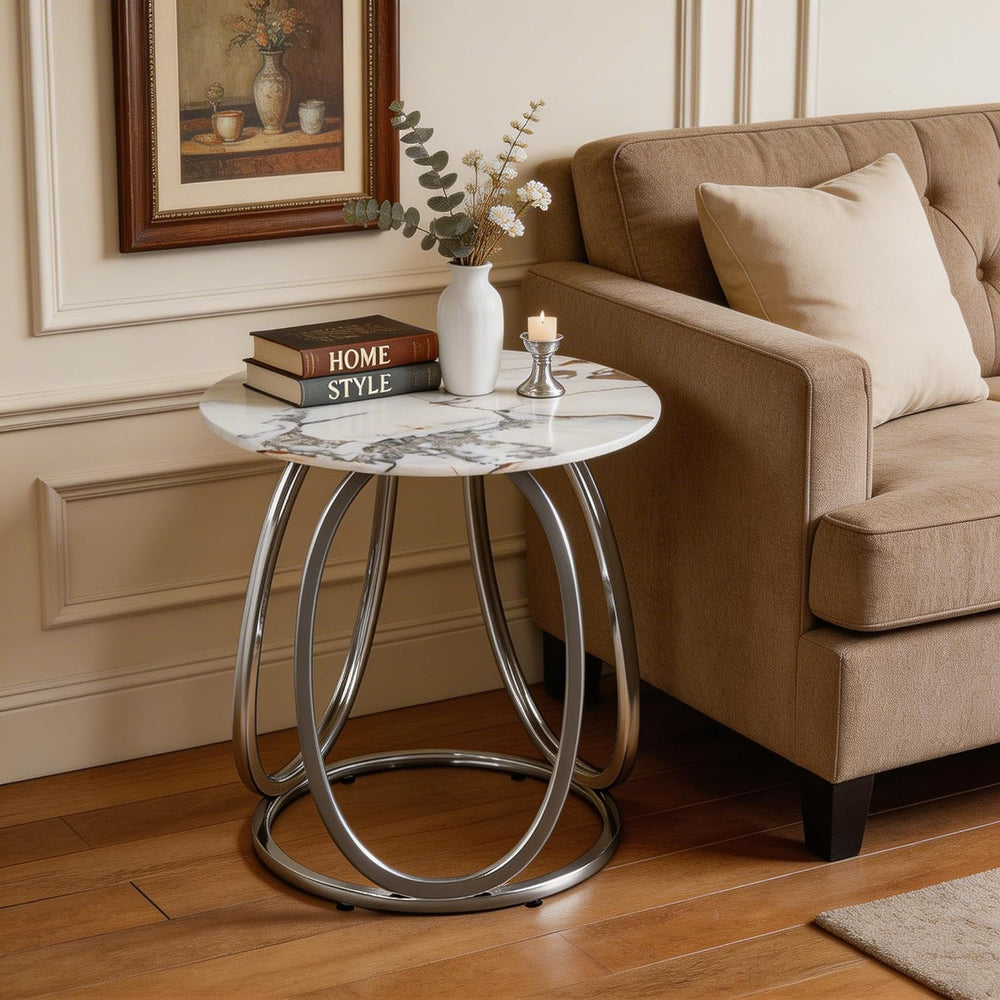 O&K FURNITURE Silver Side Table Living Room, Round End Table with Metal F...