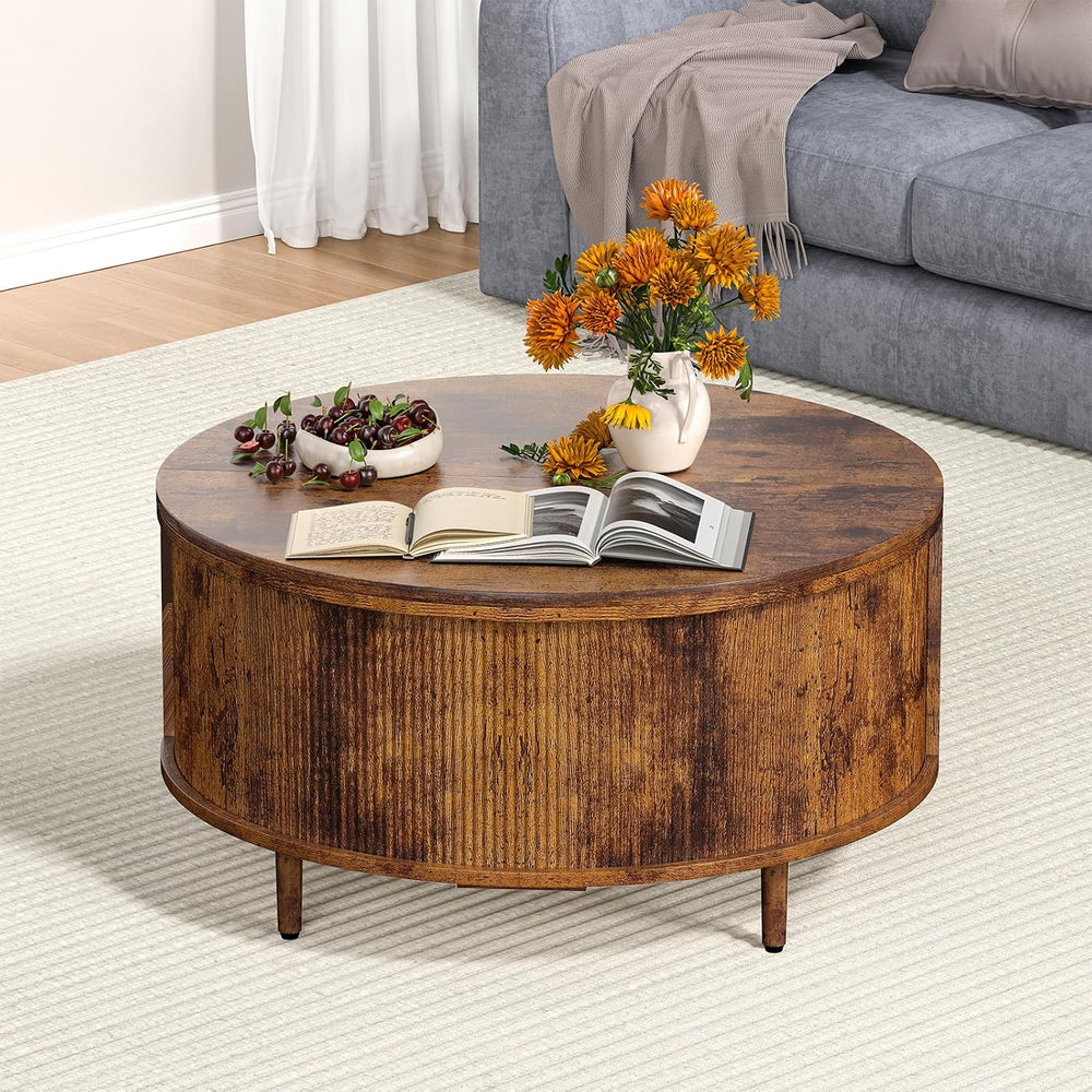 Round Coffee Table, 31.5" Fluted Center Table with Storage, Lift-Top Cof...