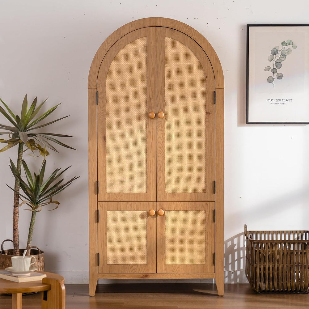 63.39" Arched Kitchen Pantry Cabinet with Rattan Doors,Farmhouse Freesta...