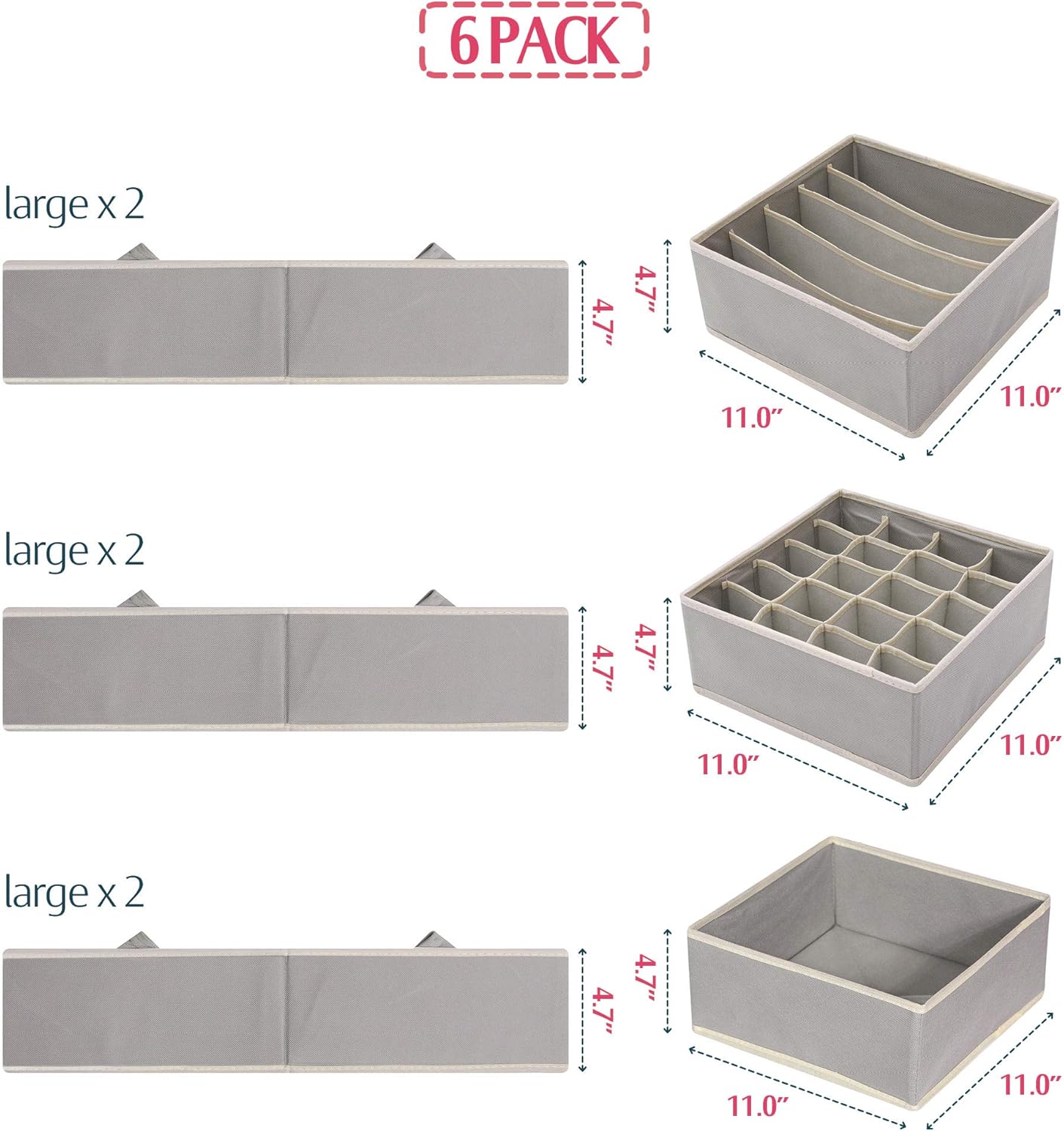 DIOMMELL Set of 6 Foldable Cloth Storage Box Closet Dresser Drawer Organizer Fabric Baskets Bins Containers Divider for Clothes Underwear Bras Socks Lingerie Clothing, Grey 22-2000