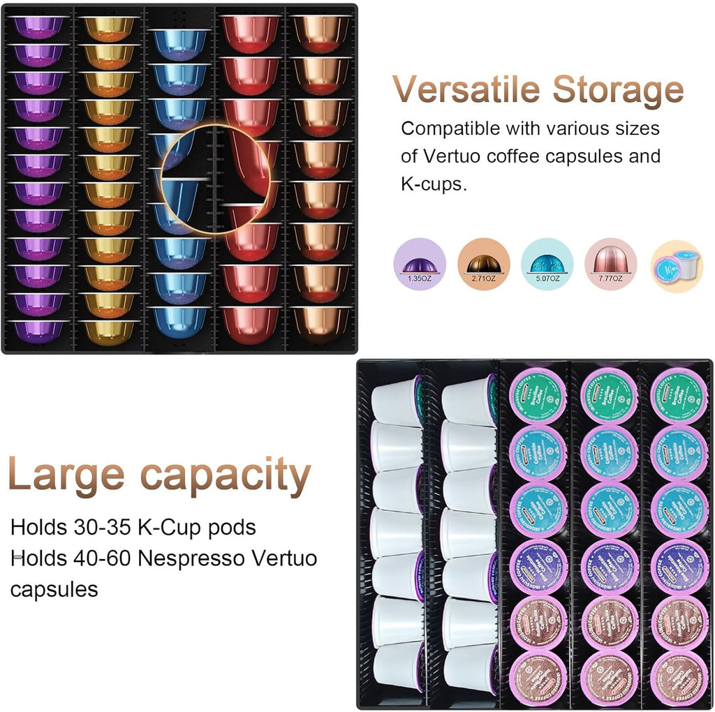 Coffee Pods Drawer Organizer Compatible with Nespresso Vertuo Pods Holds Up to 60 Small or 40 Large (Black)