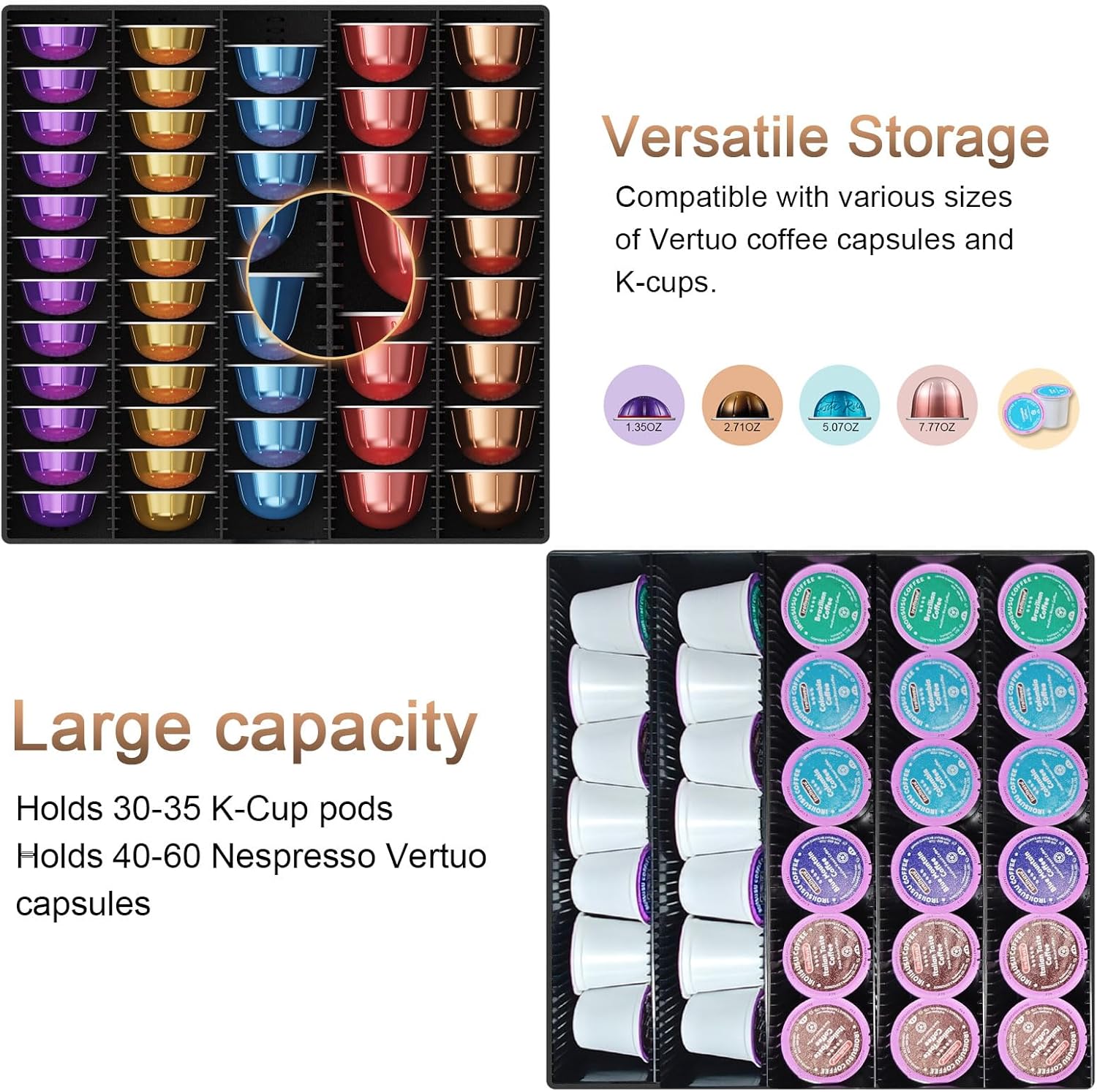 Coffee Pods Drawer Organizer Compatible with Nespresso Vertuo Pods Holds Up to 60 Small or 40 Large (Wood)