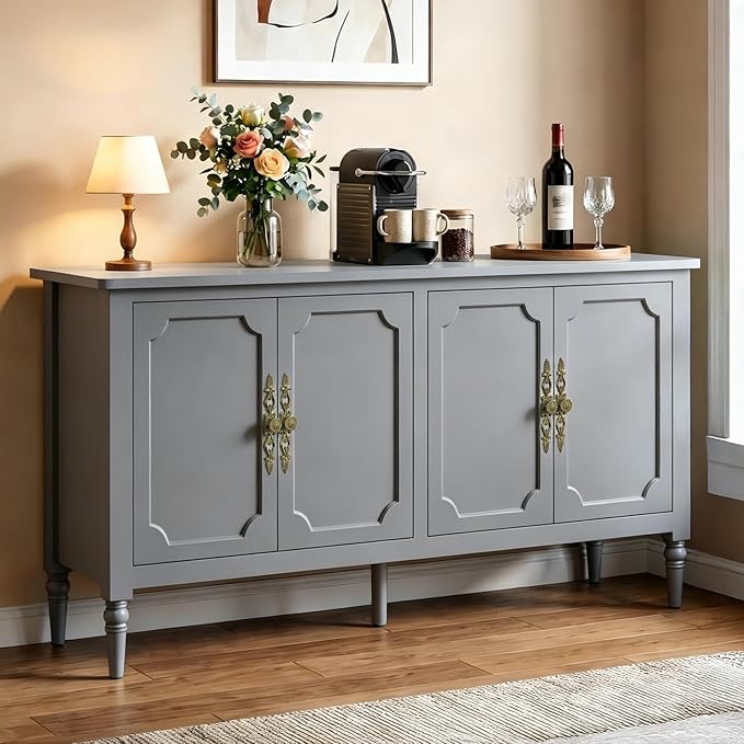RoyalCraft 59" Buffet Cabinet with Storage, Vintage Sideboard with Adjustable Shelves & Carved Handle, Mid Century Modern Painted Credenza Coffee Bar for Kitchen, Dining Room, Dove Gray
