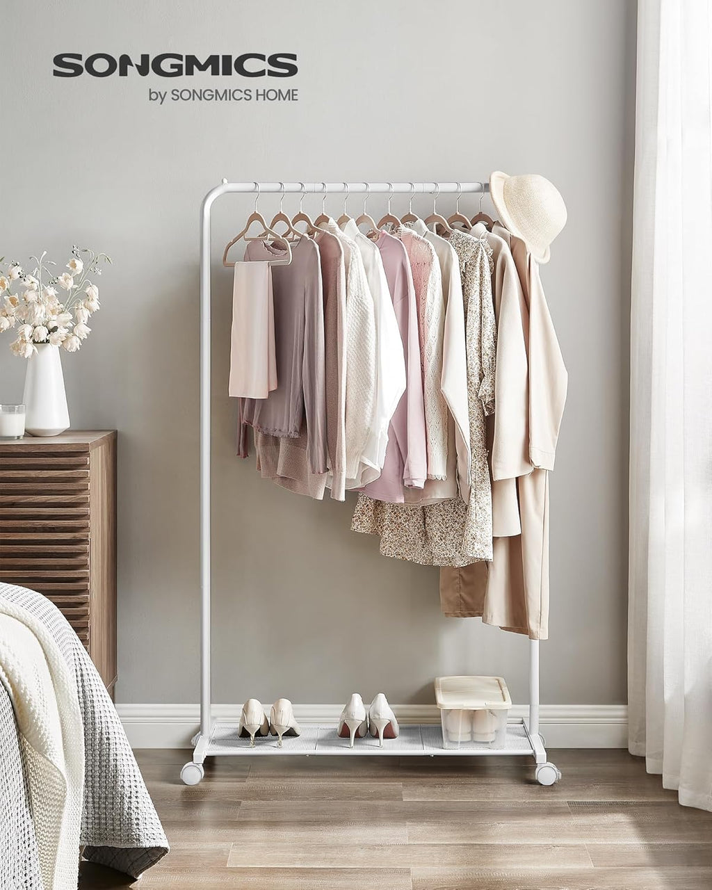 SONGMICS Clothes Rack with Wheels, Clothing Rack for Hanging Clothes, 25.4 mm Metal Garment Rack with Dense Mesh Storage Shelf, 110 lb Load Capacity, 2 Brakes, Cloud White UHSR025W01