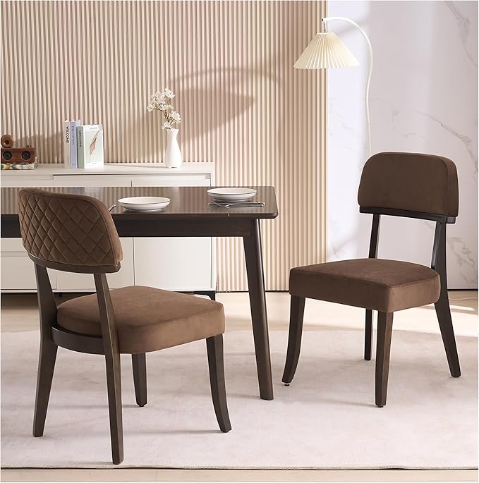 Modern Wood Dining Chairs Set of 4, Velvet Upholstered Kitchen Chairs with Open Curved Backrest & Black Hardwood Legs for Vanity, Living Room, 350 LBS Capacity, Brown