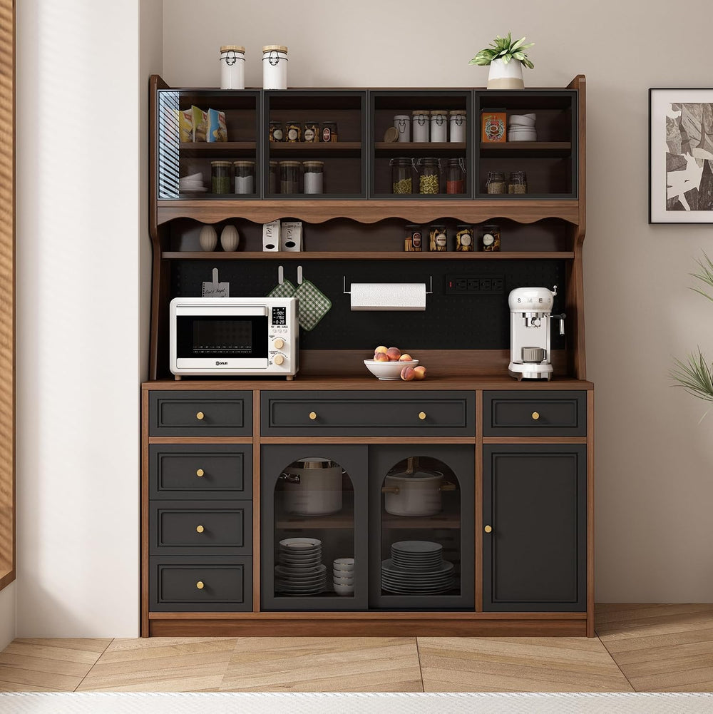 63" W Farmhouse Buffet Cabinet with Hutch, Freestanding Coffee Bar Sideb...