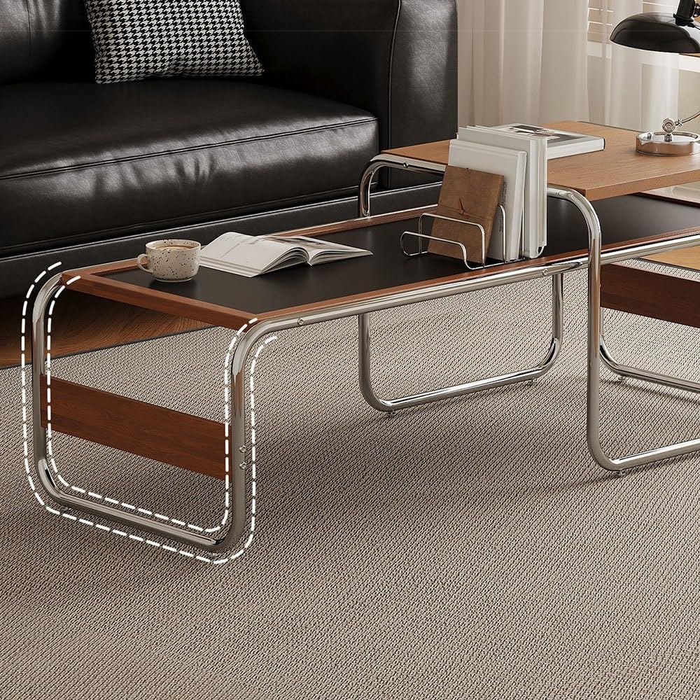 Small Round Table Mid-Century Modern Wood & Metal Coffee Table Black Top ...
