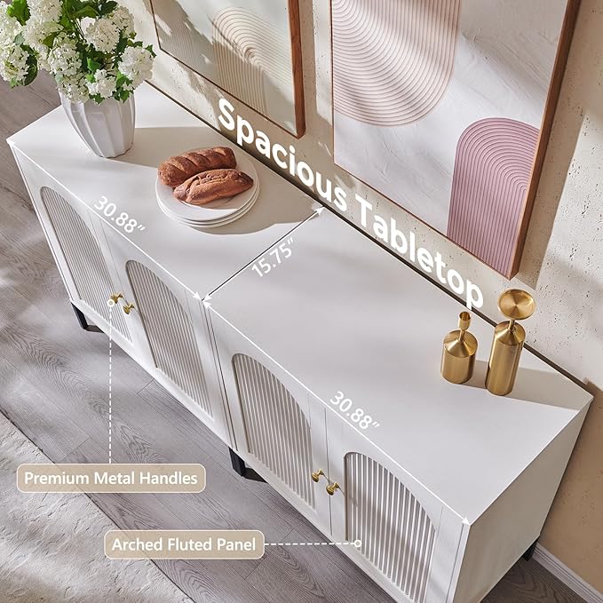 Modern TV Stands for 75 Inch TVs, 61.75‬"W Wood Entertainment Center w/Adjustable Shelves, Mid Century Modern TV Stand w/Arched Fluted Doors, Media Console Cabinet for Living Room, White